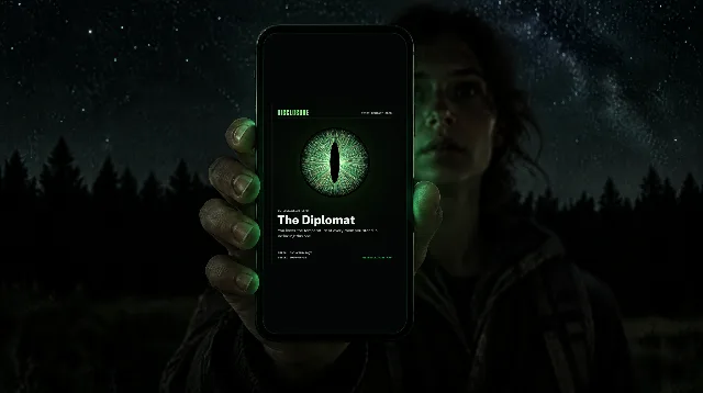 A hand holding up a phone at night that shows a real First Contact Card for The Diplomat.