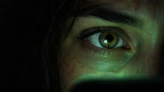 An eye in close-up at night, lit green from below by a phone screen reflected in the iris.