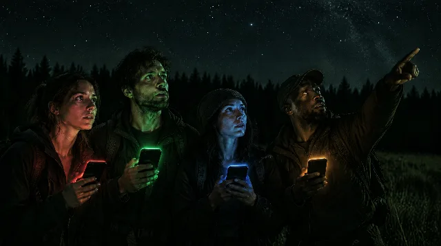 Four people in a dark field at night, each lit by a phone glowing red, green, blue or orange, one pointing at the sky.