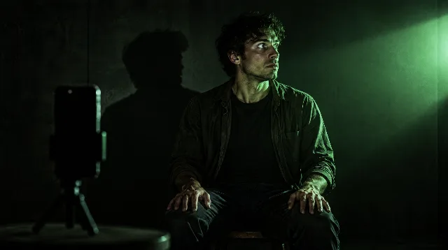 A man sitting still on a stool as a sudden green light floods in, filmed by a phone on a tripod.