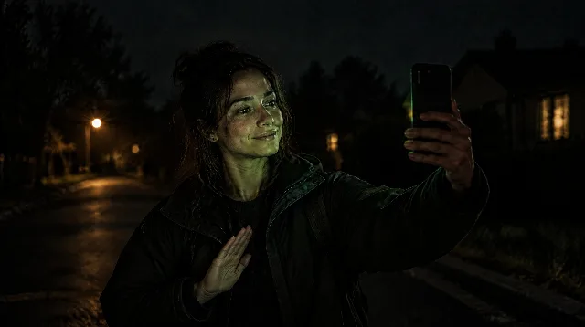 A woman on a night street filming herself, one hand open at her chest, palm out, calm.