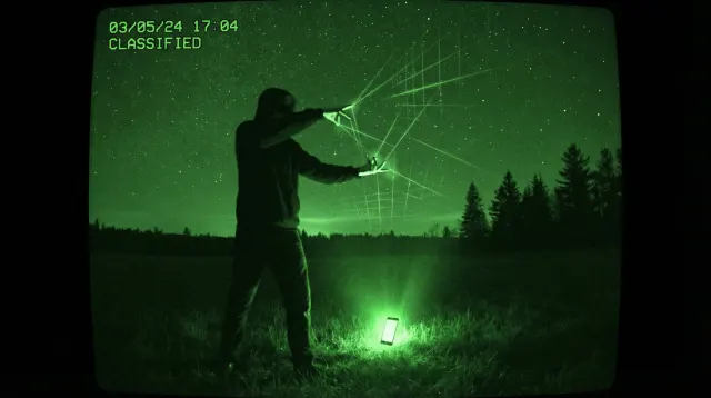 A figure in a night field holding open hands toward a green light, seen through a night-vision screen.