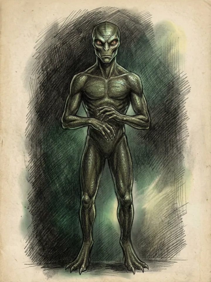 A pencil witness sketch of a scaled reptilian humanoid, drawn on aged paper.