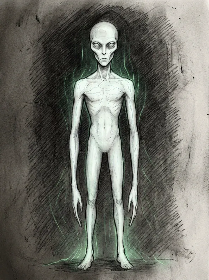 A pencil witness sketch of a very tall, thin pale figure, drawn on aged paper.
