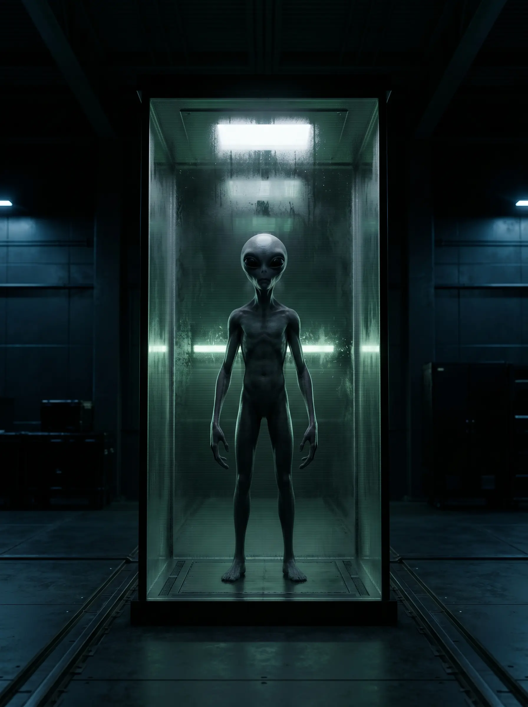 A grey humanoid standing inside a lit glass containment chamber.
