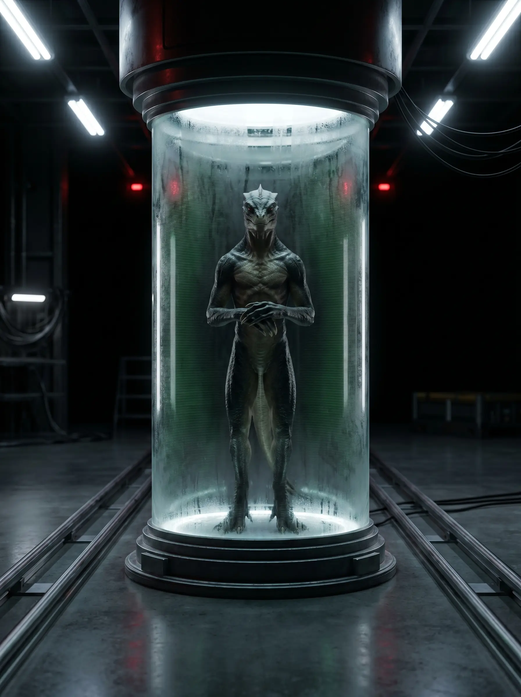 A scaled reptilian figure behind a containment wall.