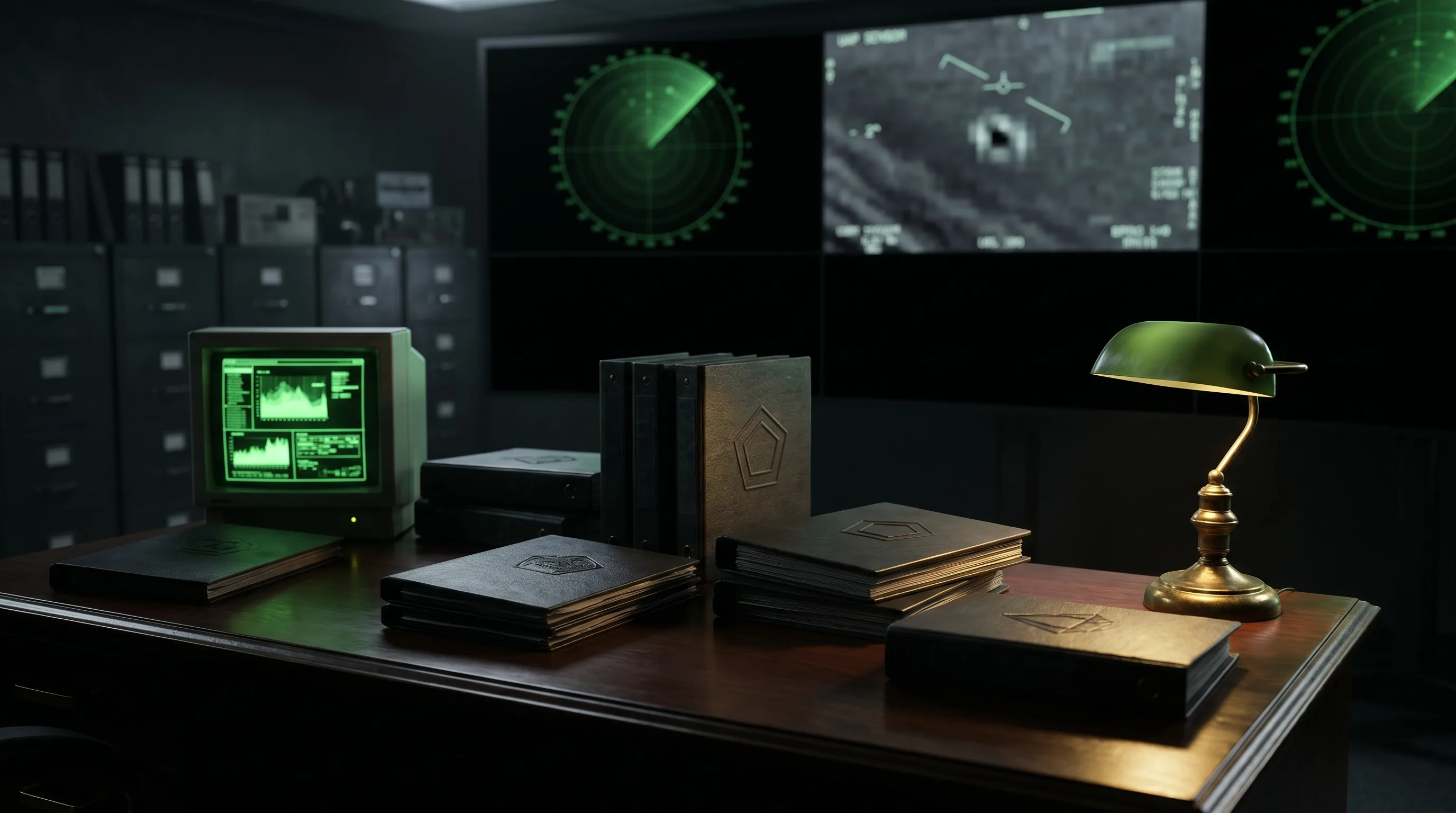 Classified Pentagon briefing room with green UAP tracking displays and AARO file overlays