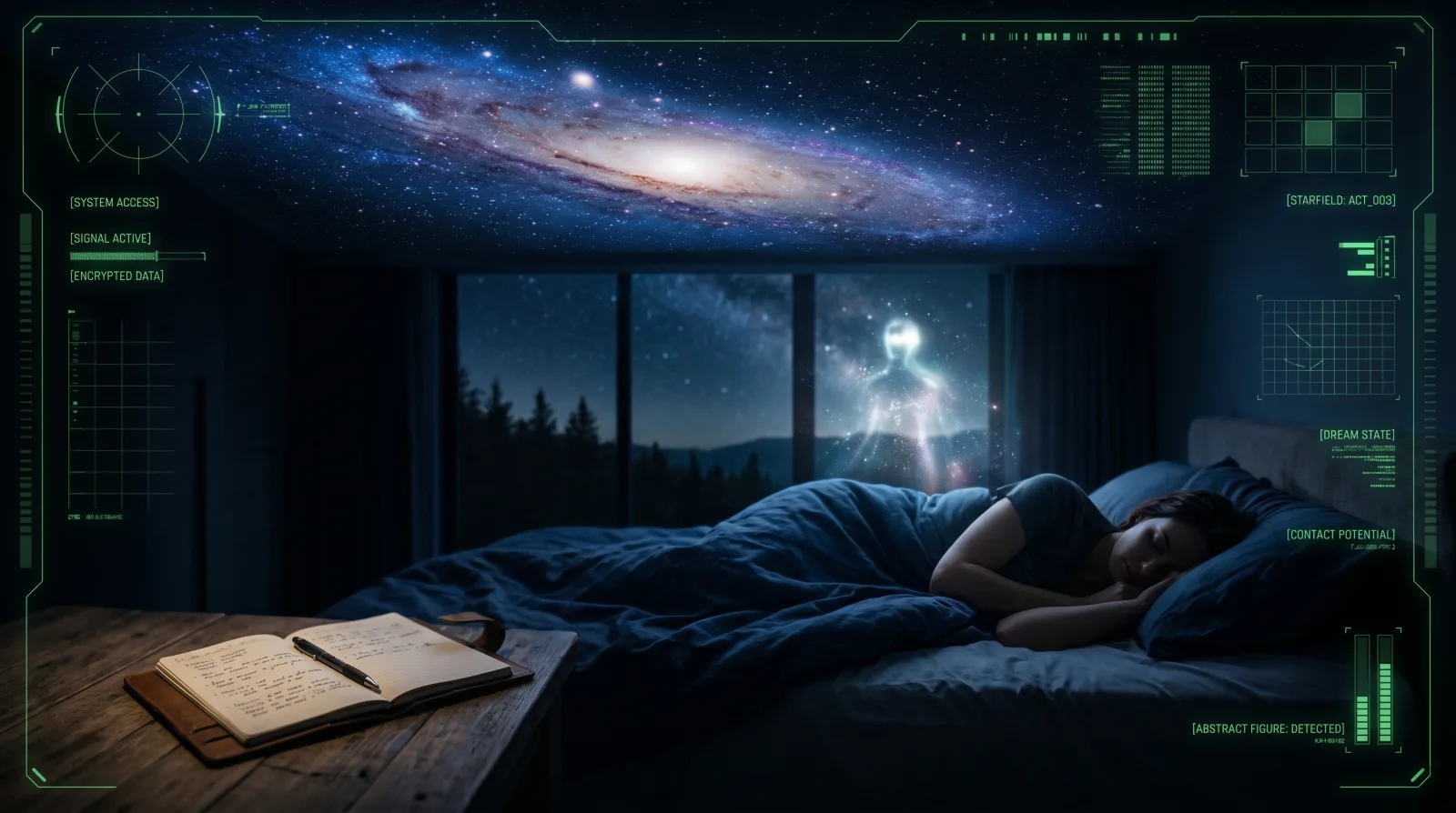 A dream journal beside a dim green signal screen for alien contact dreams
