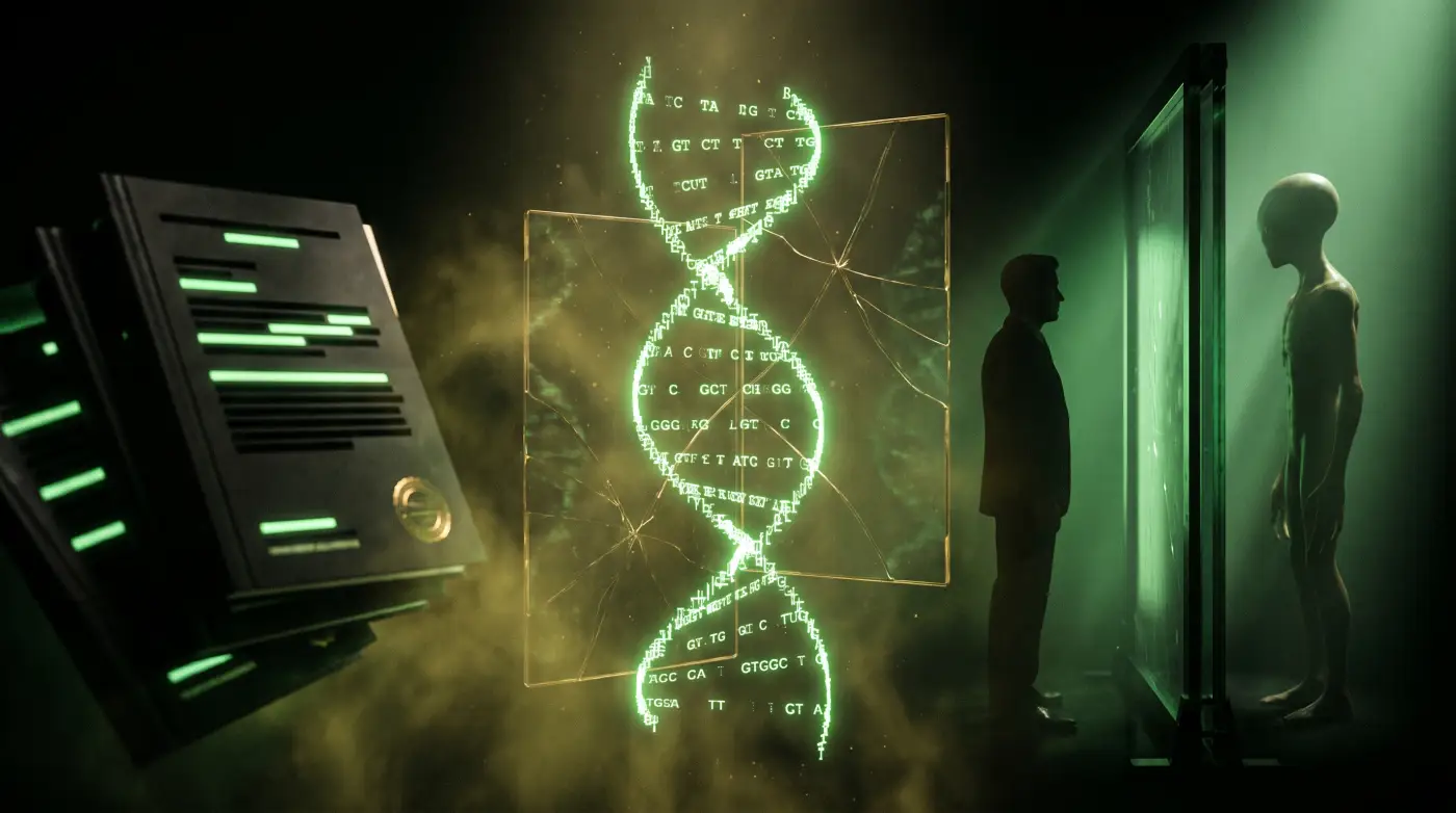 Alien hybrid theory classified briefing with human silhouette, genetic grid, and redacted field notes