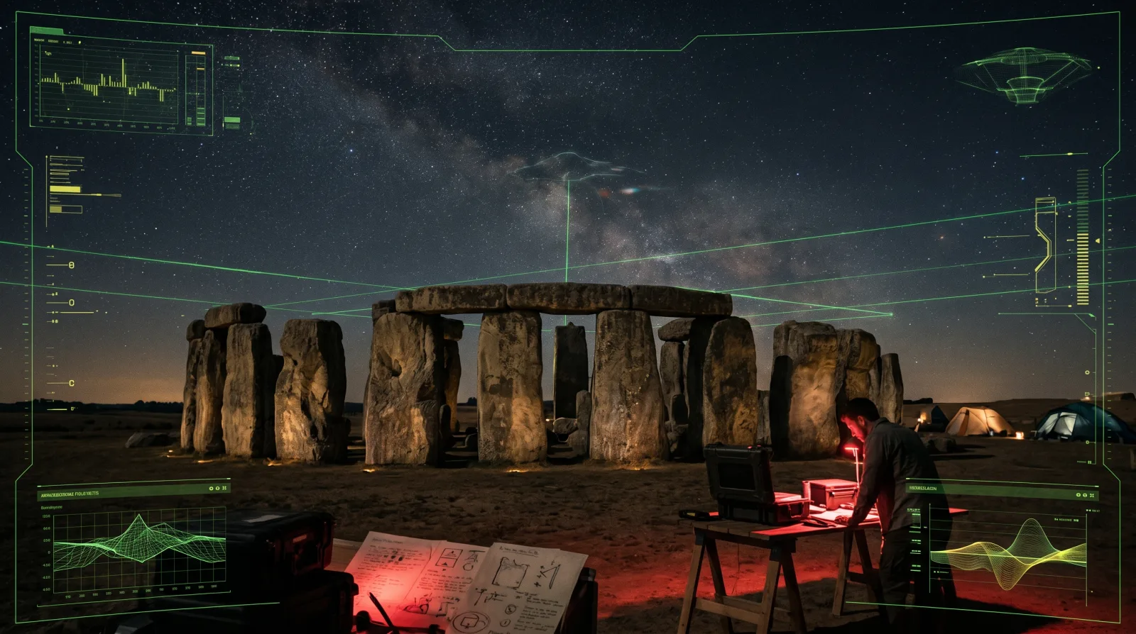 Ancient astronaut theory classified image with temple ruins, star map overlays, and redacted origin notes