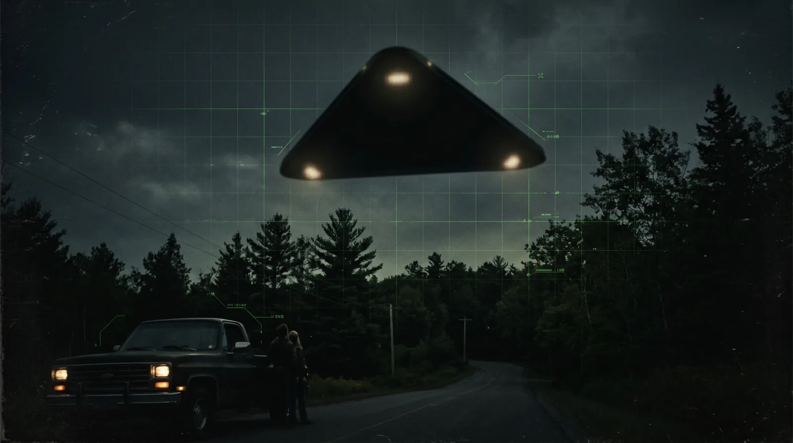 Massive black triangle UFO silhouette over treetops with three corner lights