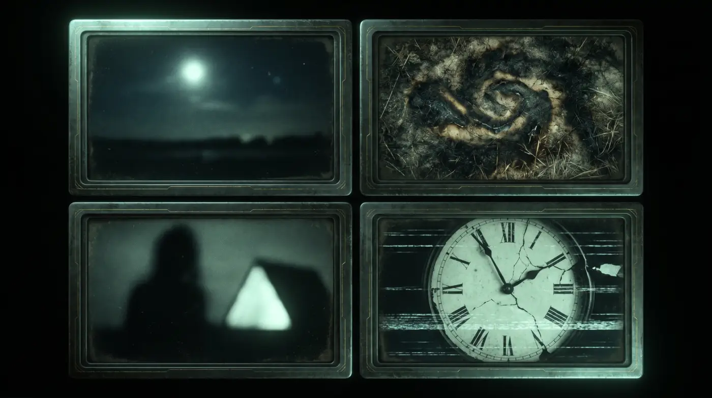 Classified close encounter type chart over a dark field scene