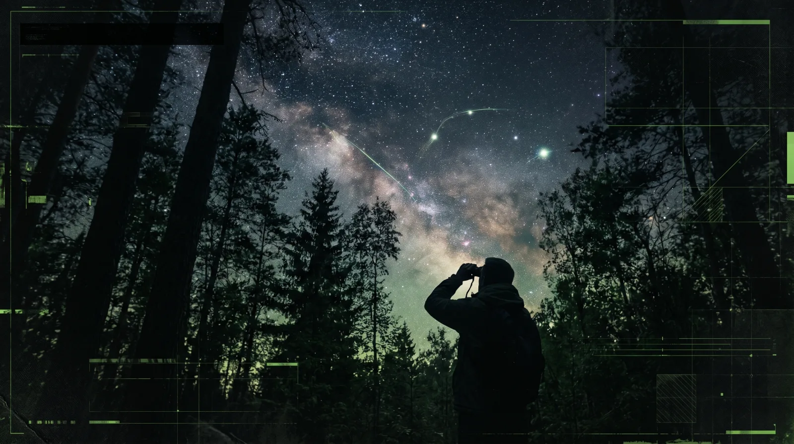Dark Forest theory first-contact briefing image with black star field, hidden signals, and classified detection grid