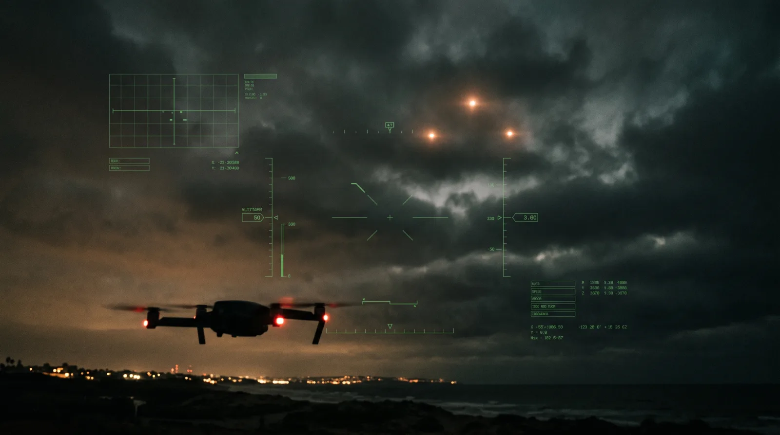 A hovering illuminated object above a dark neighborhood skyline