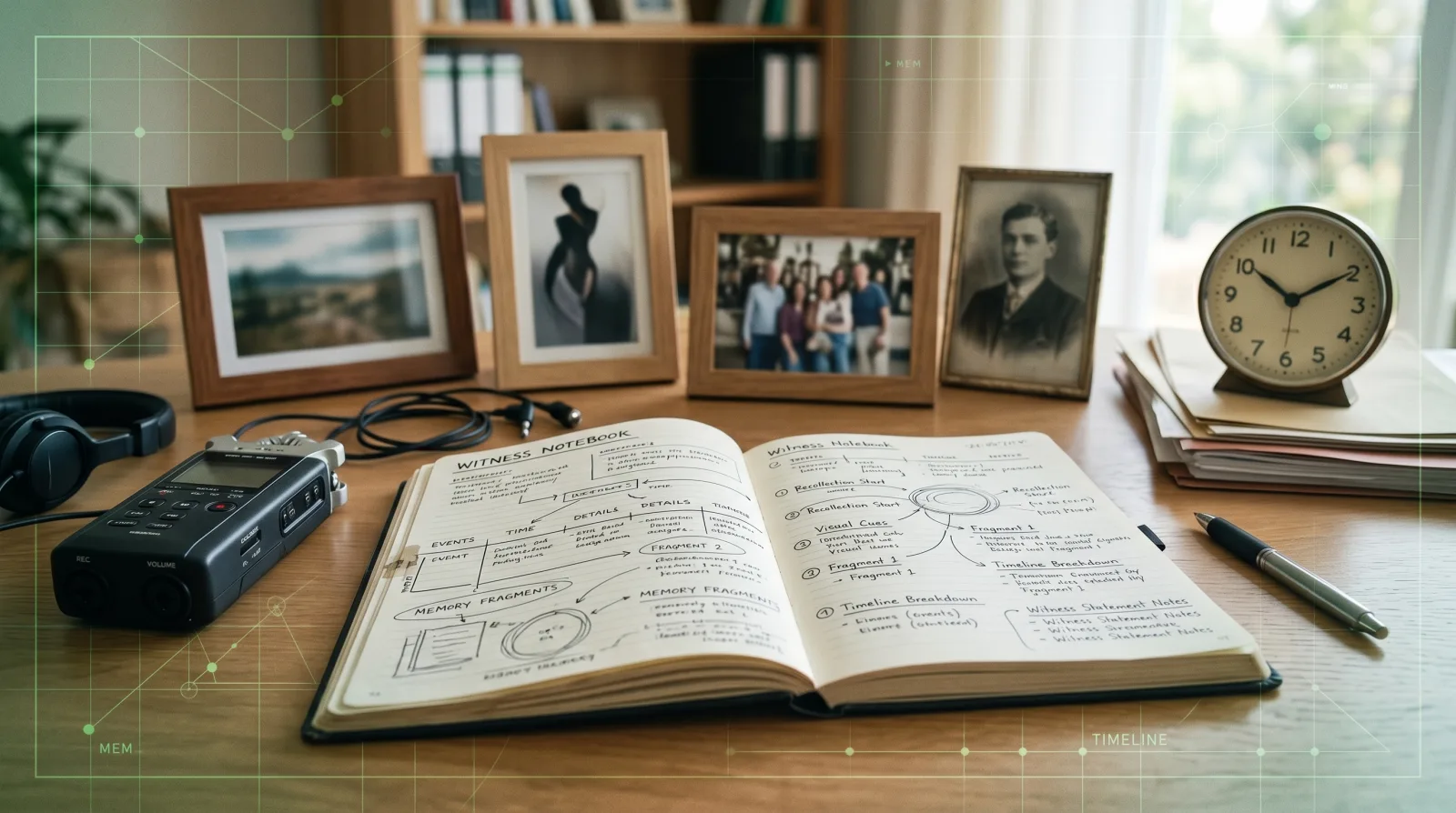 A classified memory evaluation desk with notes, timestamps, and UFO sighting evidence cards