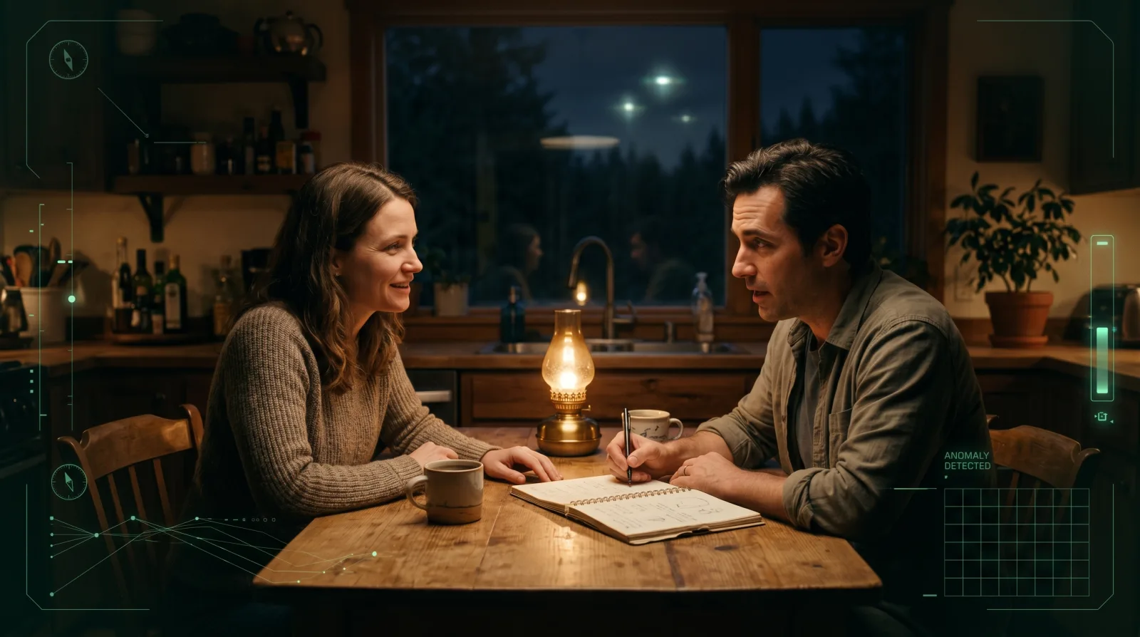 Supportive conversation at a kitchen table after an anomalous UFO encounter