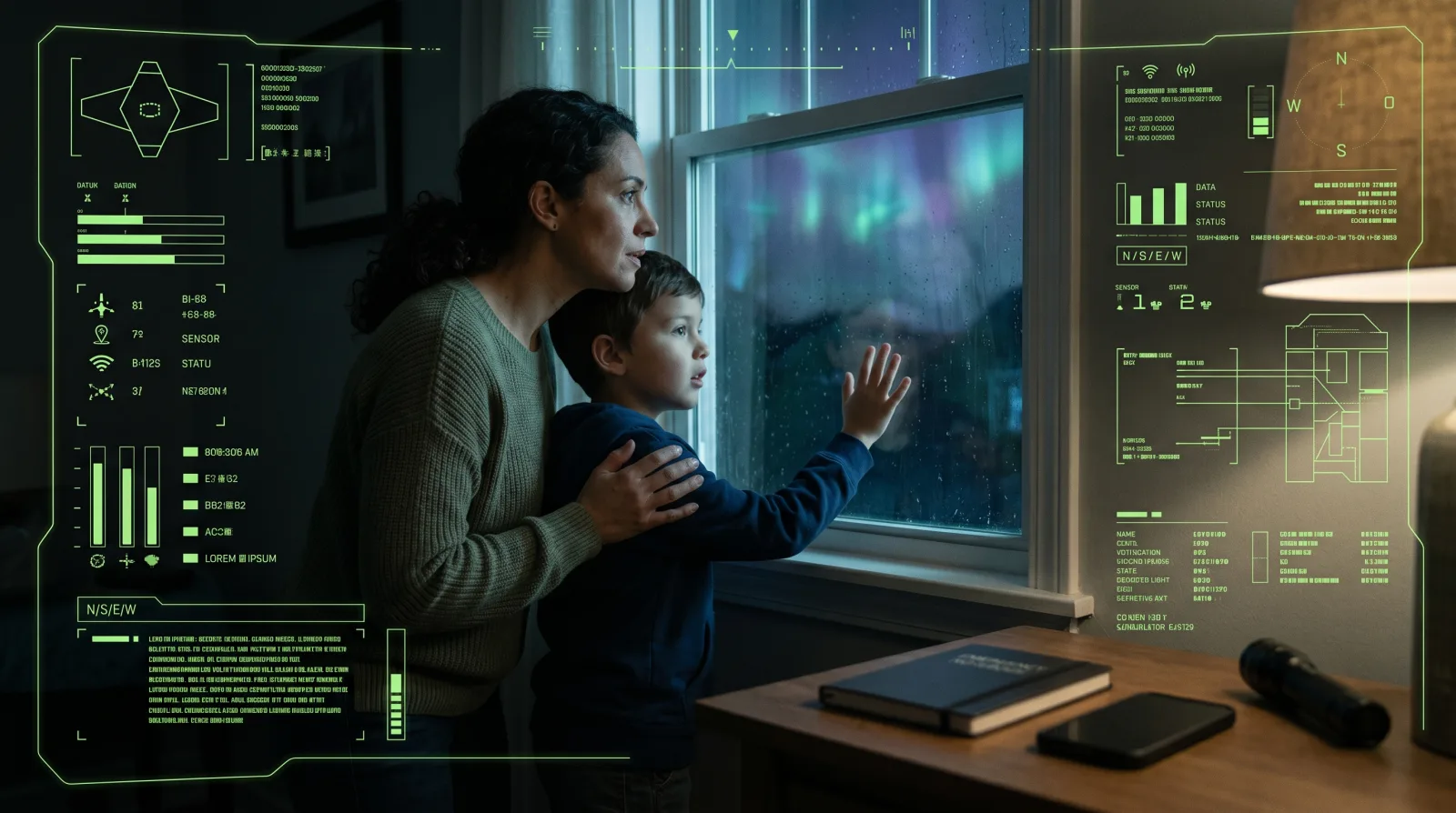A family watching unusual lights from inside a home while one person documents the sighting