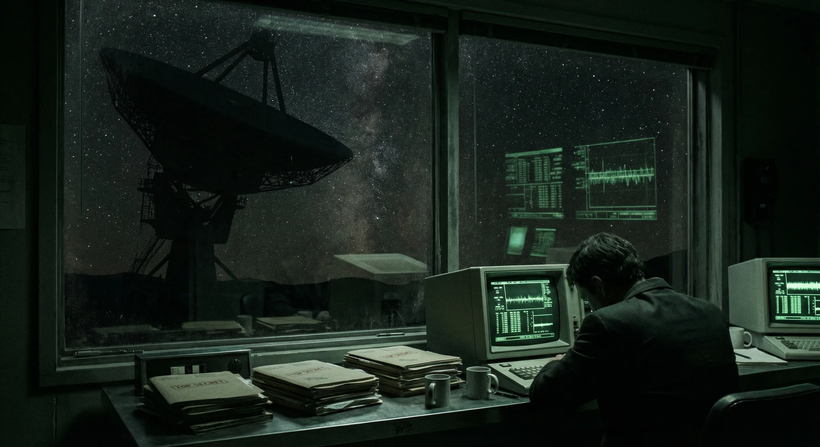 Dark observatory at night with radio telescope and CRT green monitor glow