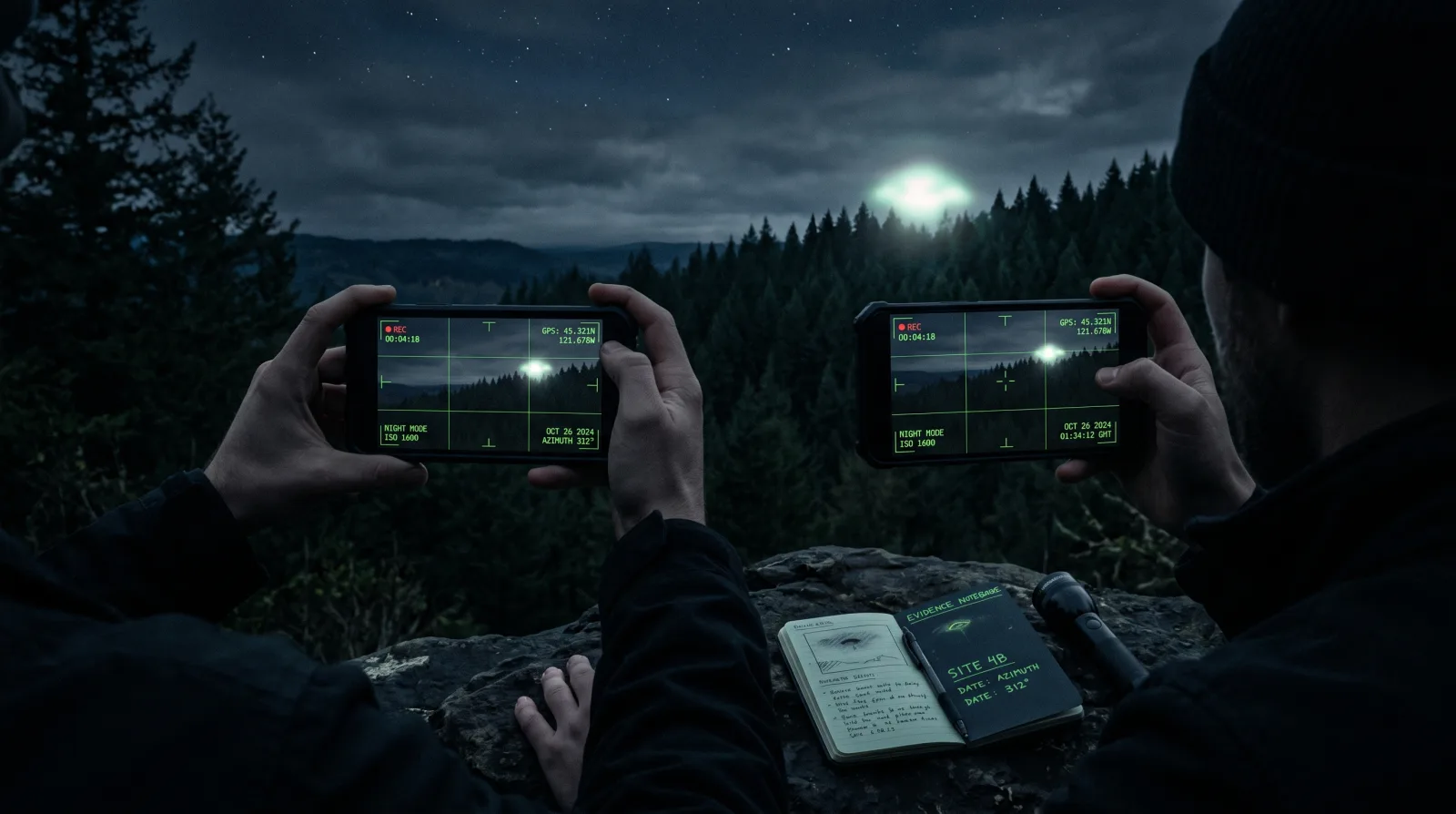A civilian filming strange lights in a dark night sky