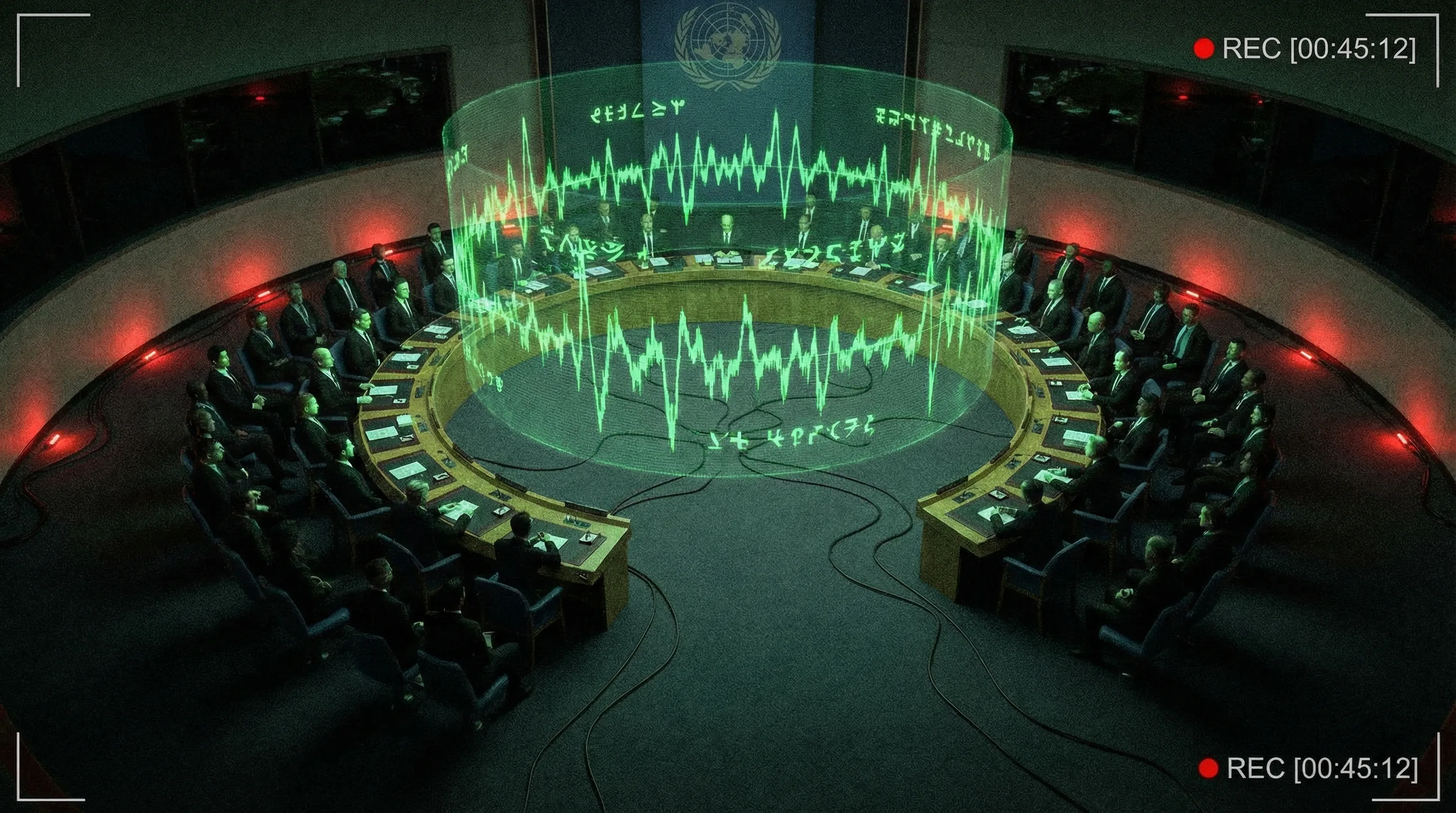 UN chamber with world leaders watching holographic alien transmission