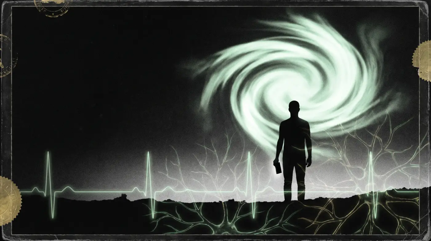 Civilian frozen under night sky during UFO sighting with green stress telemetry overlays