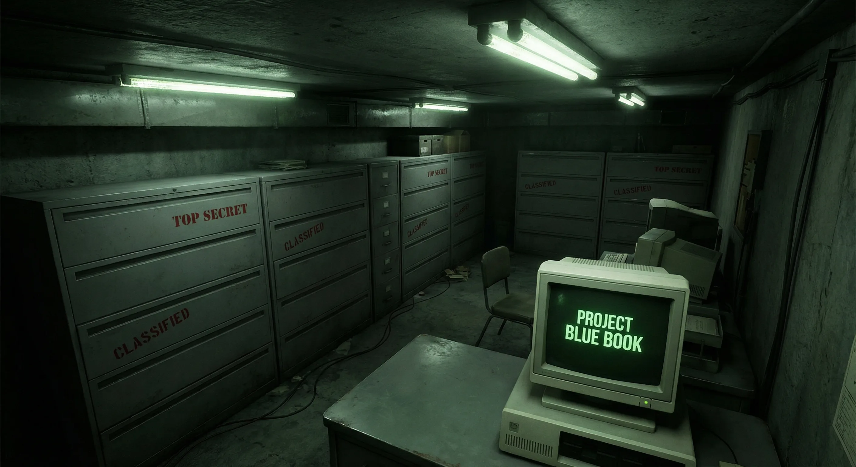 Underground government facility with classified filing cabinets and PROJECT BLUE BOOK terminal