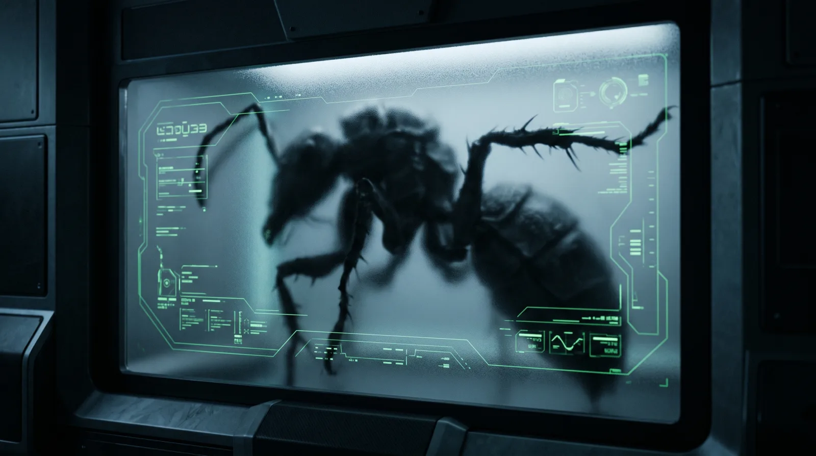 Insectoid alien lore classified briefing image with segmented silhouette, green signal grid, and field dossier overlay