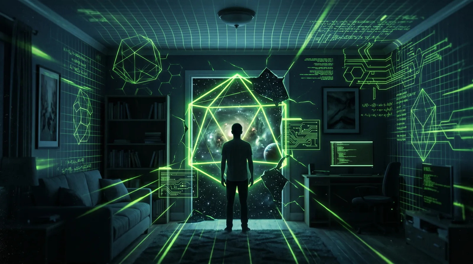 Interdimensional hypothesis classified field image with a human silhouette near a luminous boundary portal