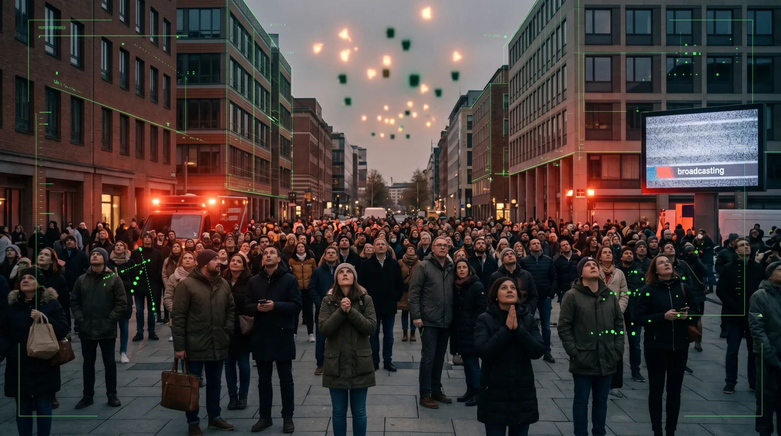 City crowd looking up calmly at strange lights during a first contact scenario