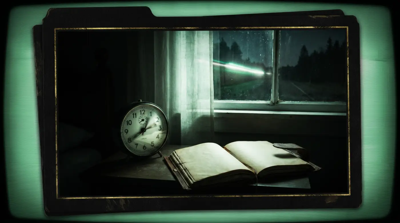 Glowing clock distortion over a dark UFO witness field file