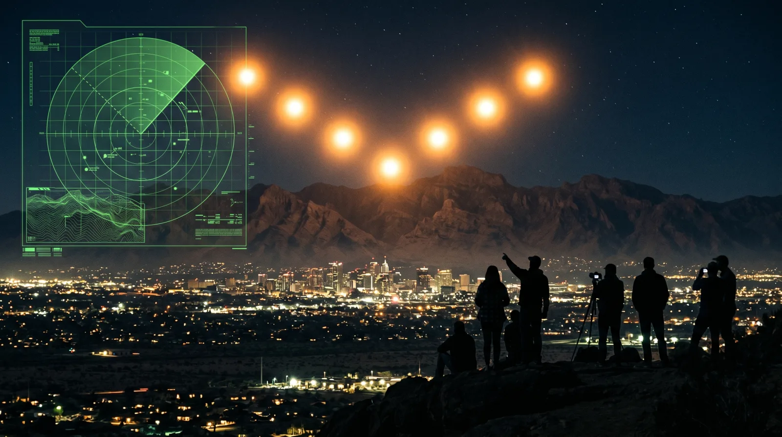 Phoenix skyline under a V-shaped formation of lights with classified green field overlays