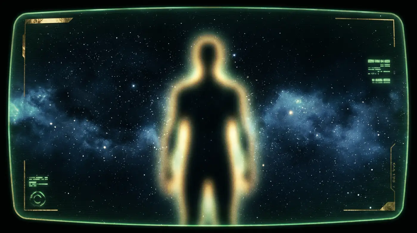 Pleiadian alien contact lore briefing file with luminous star field and classified interface