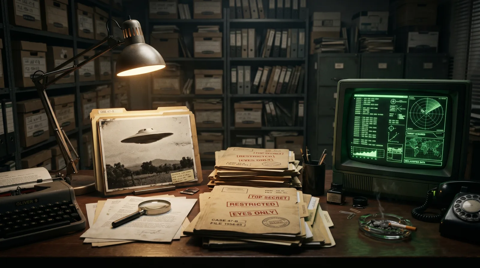 Cold war Project Blue Book office with U.S. Air Force UFO files and green classified overlays