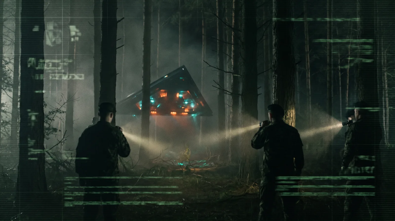 Dark Rendlesham Forest path near military gates with strange lights and classified green overlays