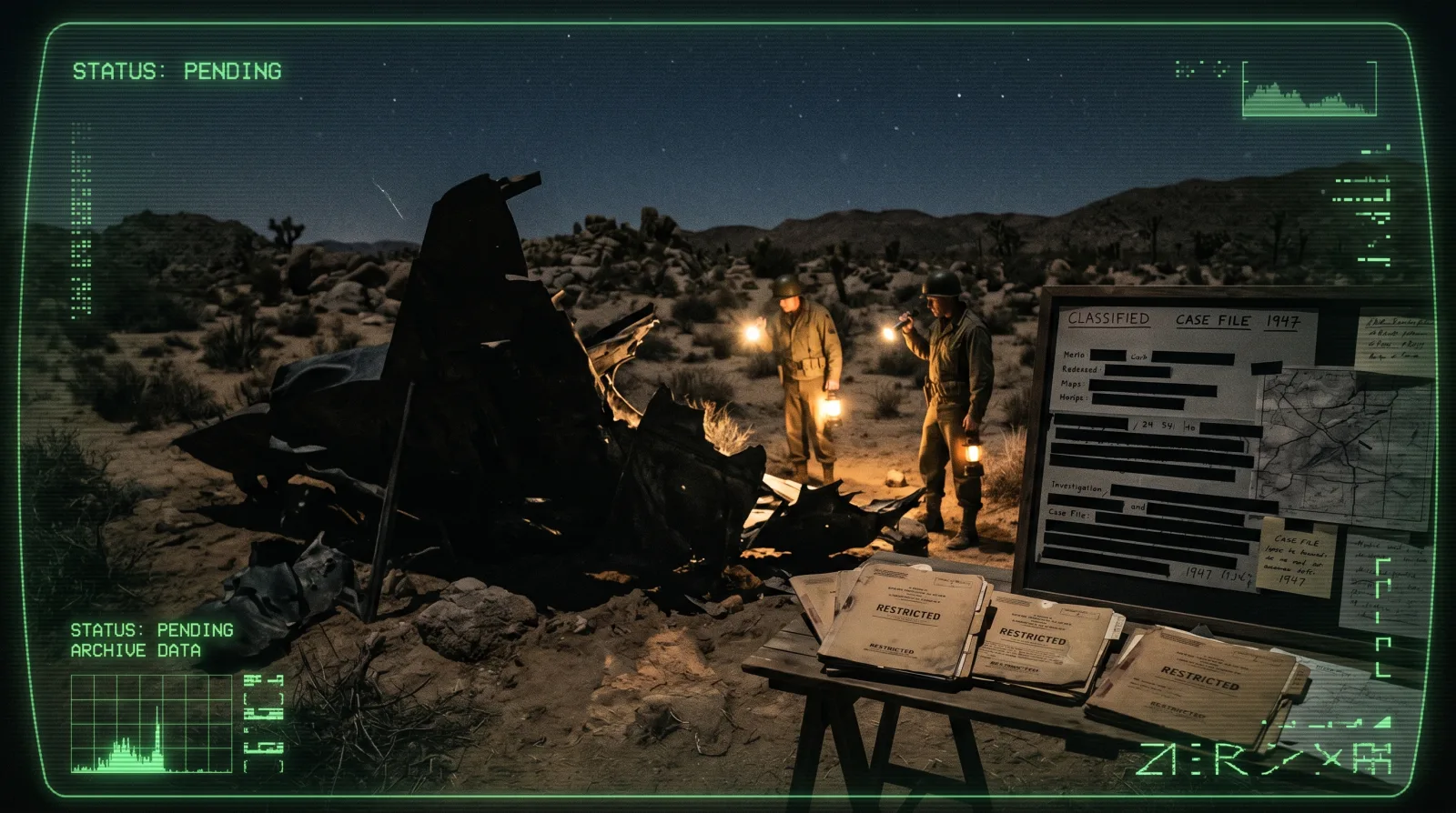 Roswell desert case file scene with recovered debris, military floodlights, and green classified overlays