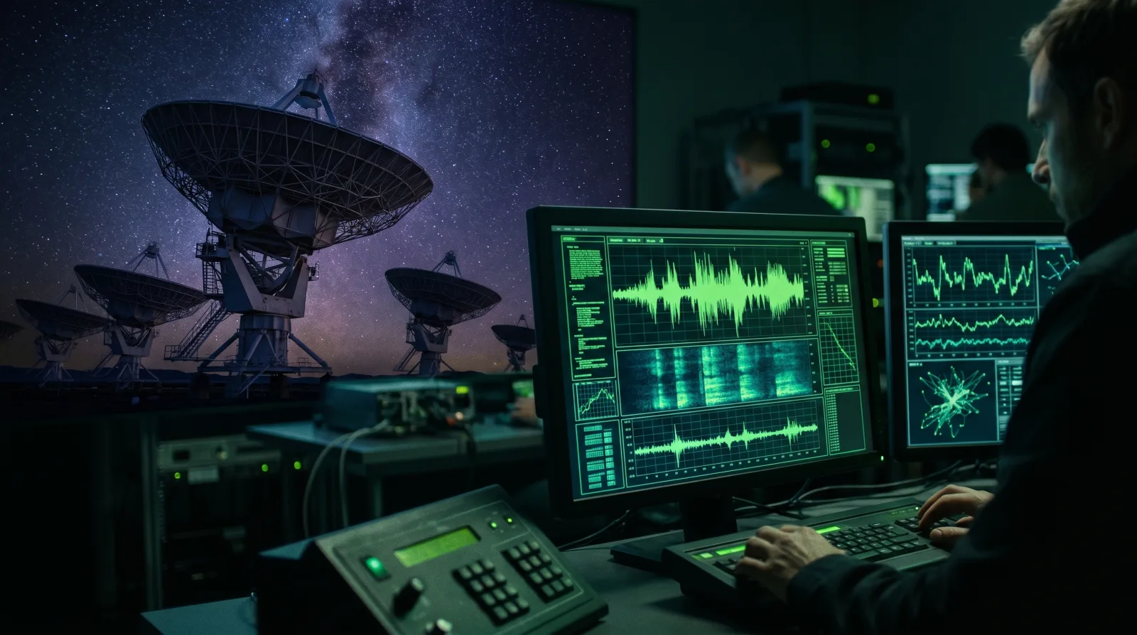 Radio telescope array under a green classified SETI post-detection protocol overlay