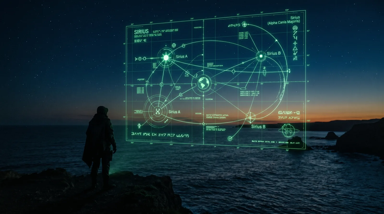 Sirian alien lore classified briefing image with Sirius star field, aquatic signal pattern, and dossier overlay