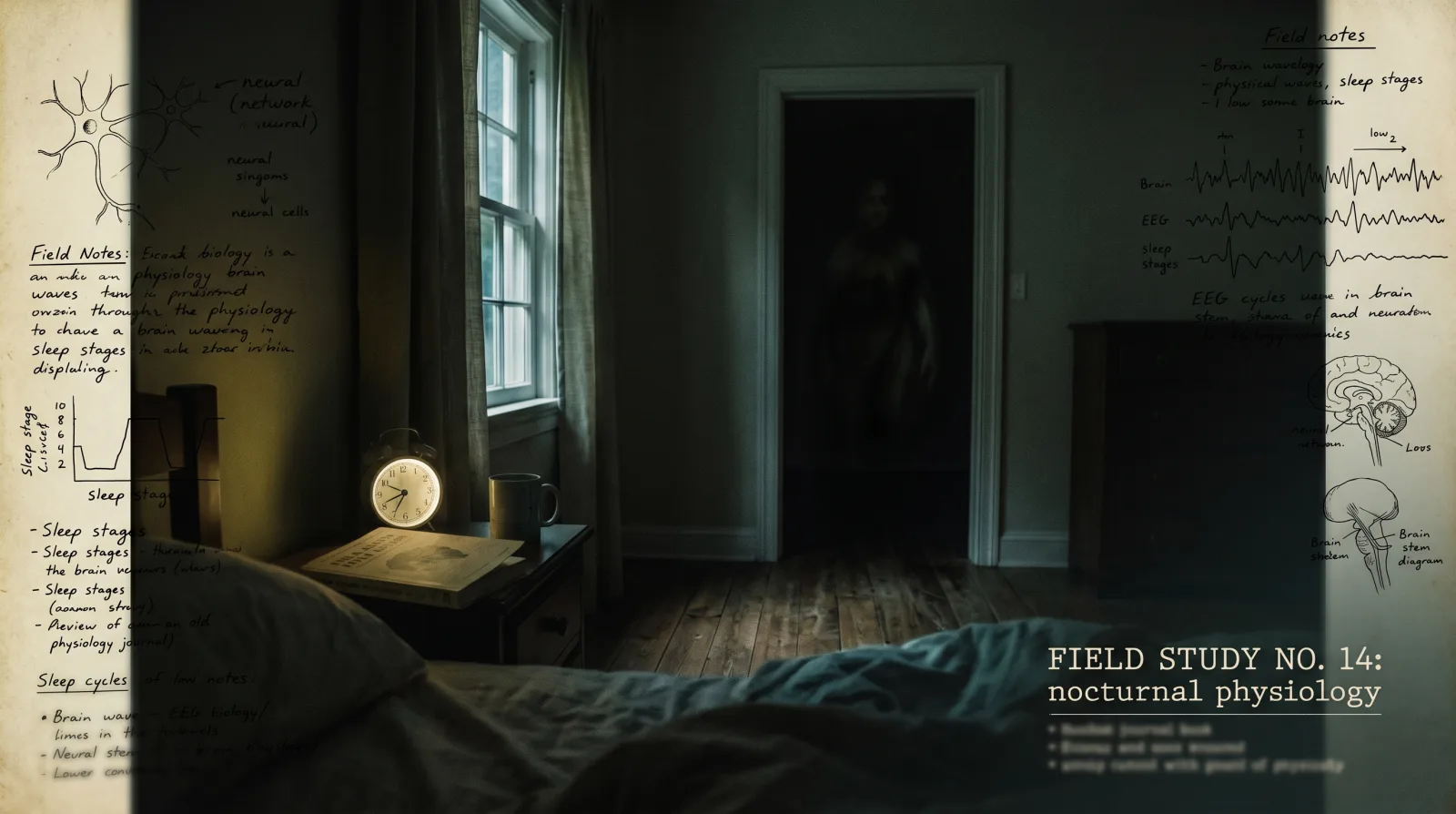 A dark bedroom scene showing a calm field log for sleep paralysis and alien abduction memories
