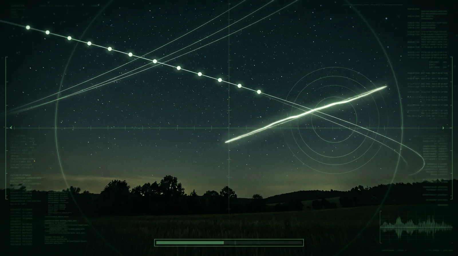 A line of bright satellites crossing a dark sky