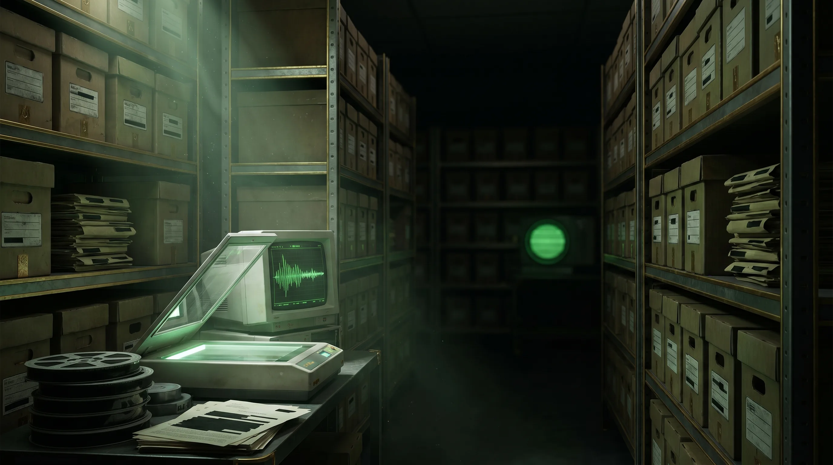 National Archives style UAP records collection with file boxes, metadata screens, and green disclosure overlays