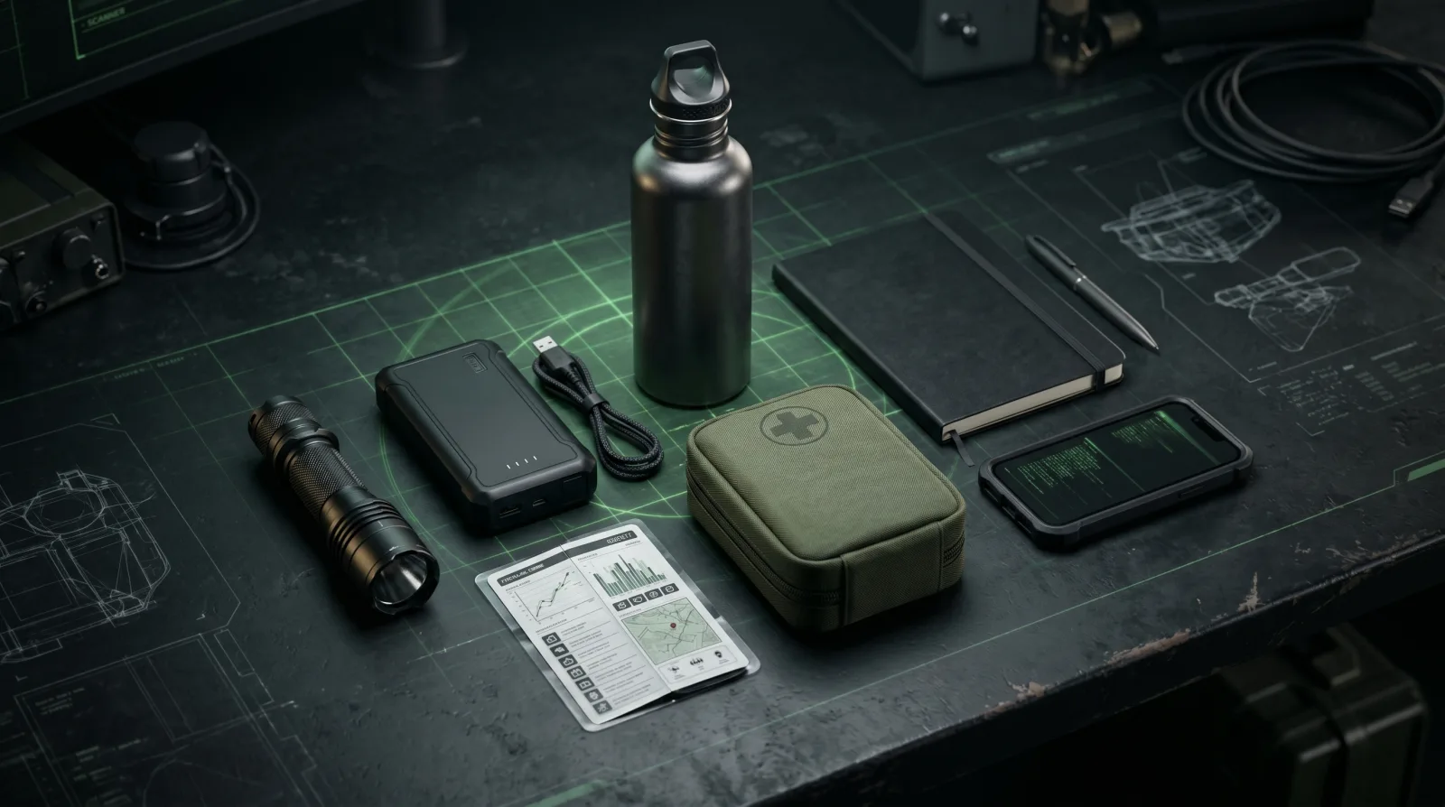 A compact first contact emergency kit with flashlight, notebook, batteries, water, and field tools