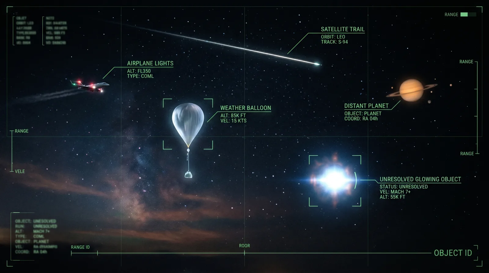A field guide display comparing common night sky objects and unknown lights