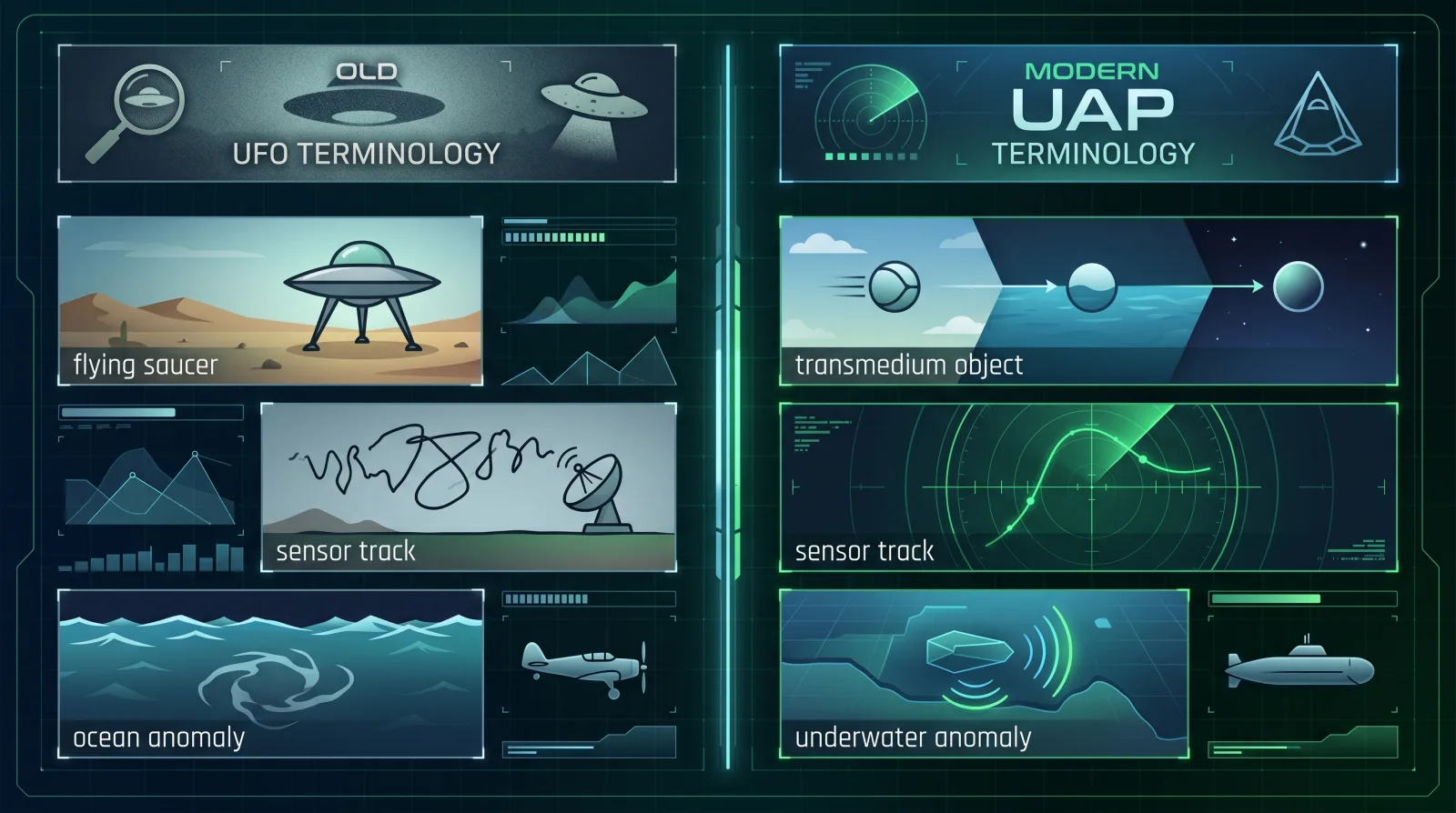 Classified briefing board comparing UFO and UAP terminology