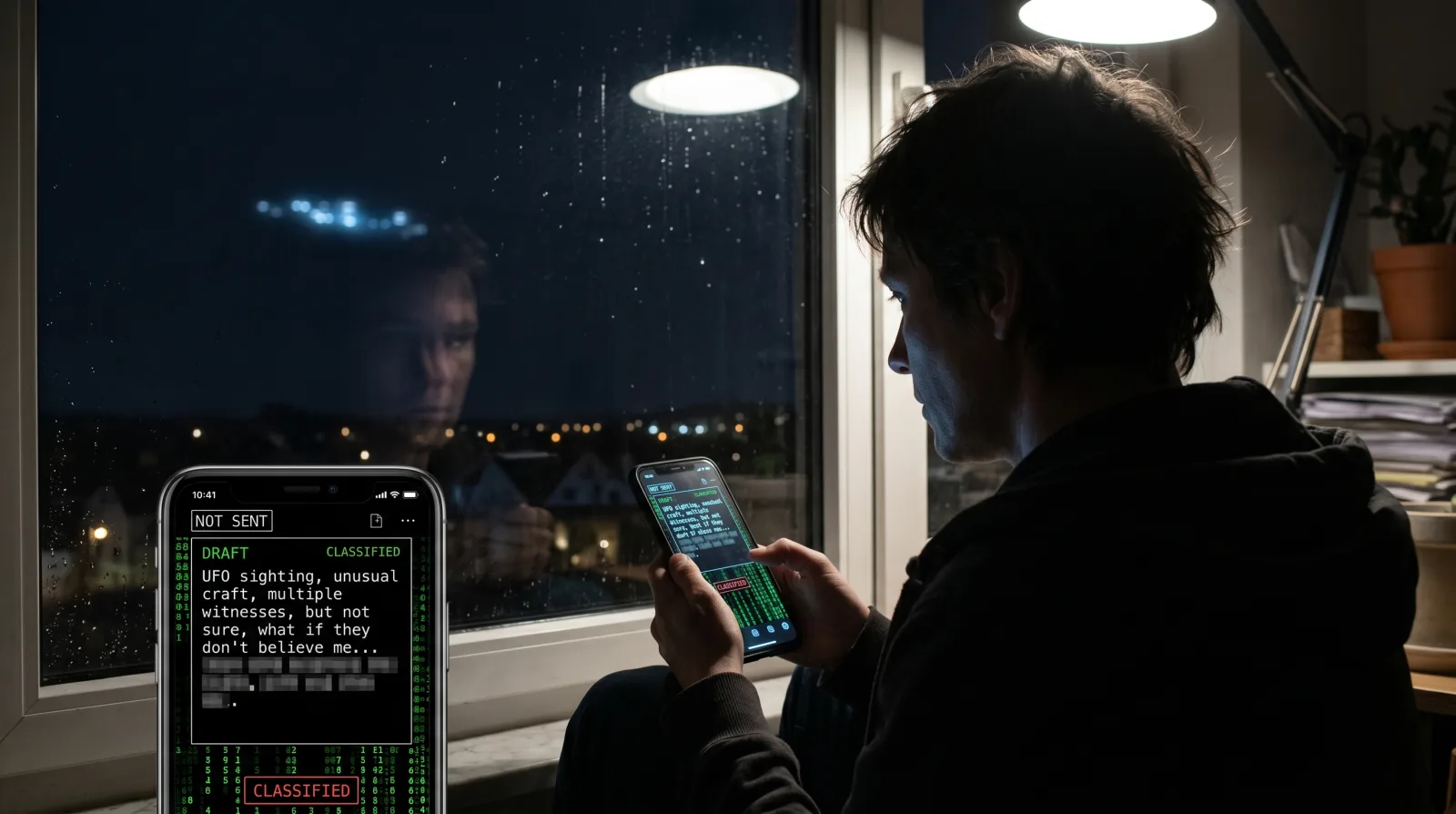 Silent UFO witness holding phone near a dark window with distant anomalous light