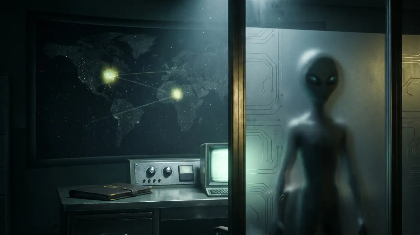 Zeta Reticuli Grey alien classified encounter file with star map and clinical field interface